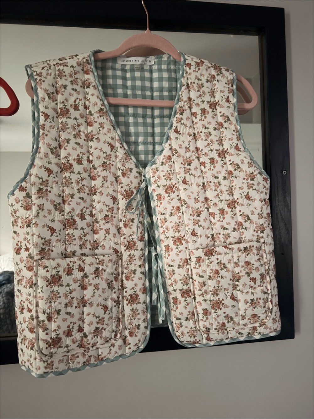 Altar'd State Quilted Gingham Vest in Cream & Sage